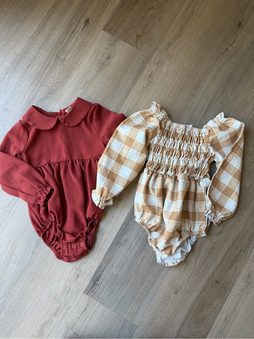 SHEIN Rust Red Baby Romper + Beige Plaid Smocked Romper Set